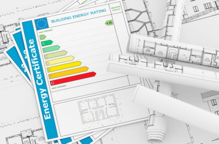 Energy Certificate with rolls of architecture blueprint - rendering