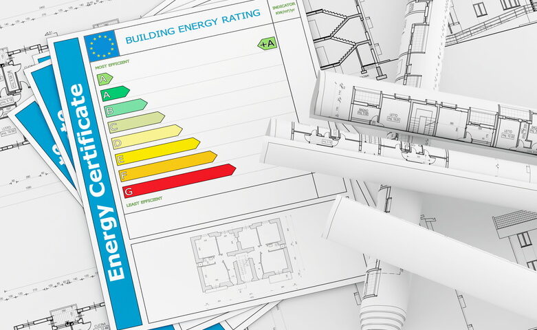 Energy Certificate with rolls of architecture blueprint - rendering