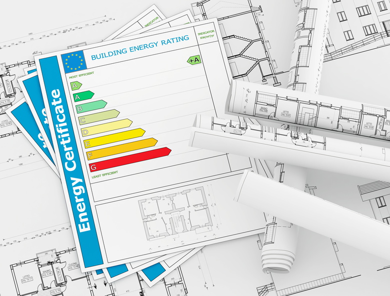 Energy Certificate with rolls of architecture blueprint - rendering
