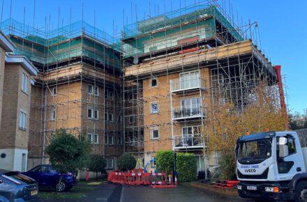 Existing block of flats with scaffold at high level for new dwellings-The Pavilions