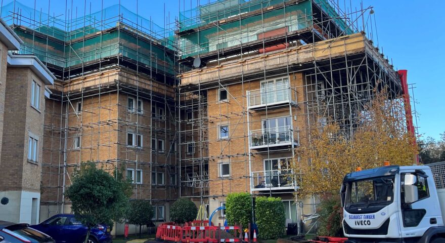 Existing block of flats with scaffold at high level for new dwellings-The Pavilions